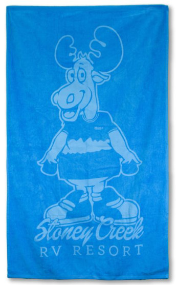 The Pro Towels Colored Beach Towel - Diamond Collection features a cartoon moose in a T-shirt and sneakers above "Stoney Creek RV Resort"—a fun, eye-catching promo towel perfect for your next adventure.