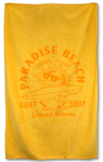 The Colored Beach Towel - Diamond Collection by Pro Towels features a yellow design with an orange smiling sun in sunglasses holding a surfboard, surrounded by "Paradise Beach Surf Shop Great Waves." A vibrant promo towel option.