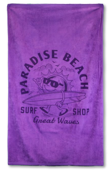 The Pro Towels Colored Beach Towel - Diamond Collection features a purple cartoon sun with sunglasses and surfboard plus “PARADISE BEACH SURF SHOP Great Waves” text, making it a fun promo towel for summer events.