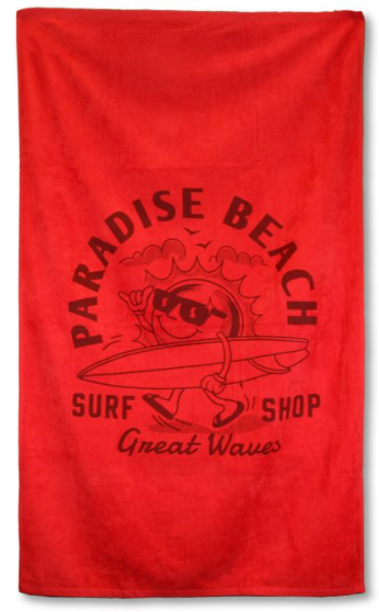 The Colored Beach Towel - Diamond Collection by Pro Towels features a colorful cartoon sun with sunglasses and a surfboard, plus "PARADISE BEACH SURF SHOP Great Waves" text—ideal as a promo towel or gift with custom embroidery available.