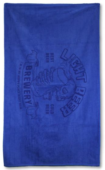 The Pro Towels Colored Beach Towel - Diamond Collection showcases a flaming skull with a beer glass and phrases like "Light Beer"—ideal for wholesale or custom embroidery.