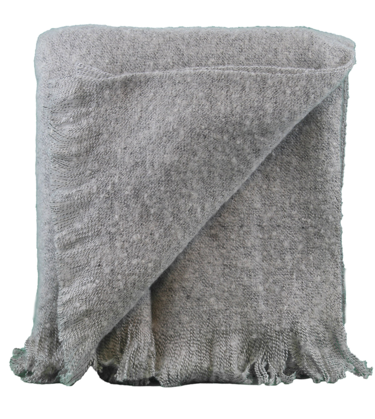 The Pro Towels Earthly Comfort Throw EnviroFibr is a folded light grey recycled polyester blanket with a soft, fuzzy texture and short fringe along the edges, shown against a white background.