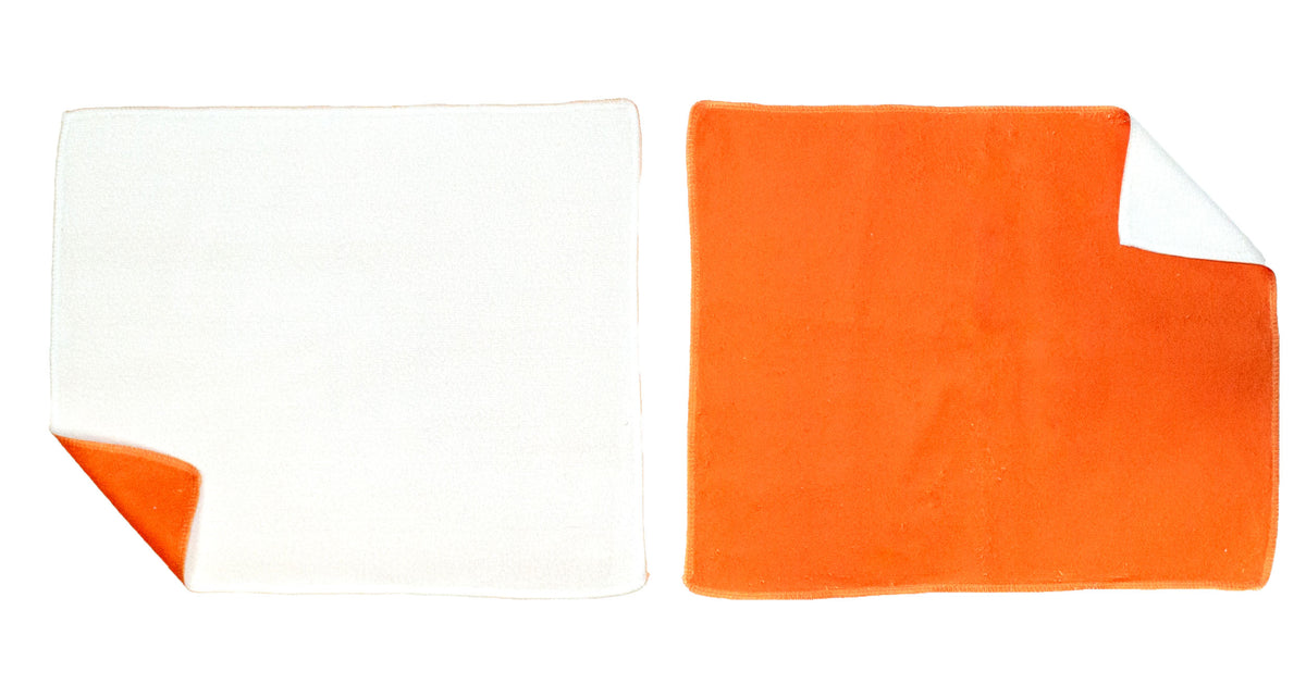 Two Pro Towels Pro Vision Colored Rally Towels, one white with an orange corner and one orange with a white corner, are displayed side by side on a white background—perfect for custom embroidery or as vibrant rally towels.