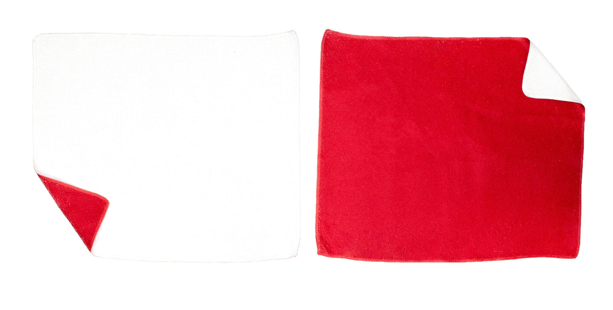 Two Pro Vision Colored Rally Towels by Pro Towels lie flat side by side—one white with a folded red corner, the other red with a folded white corner—on a white background, ideal for custom embroidery.