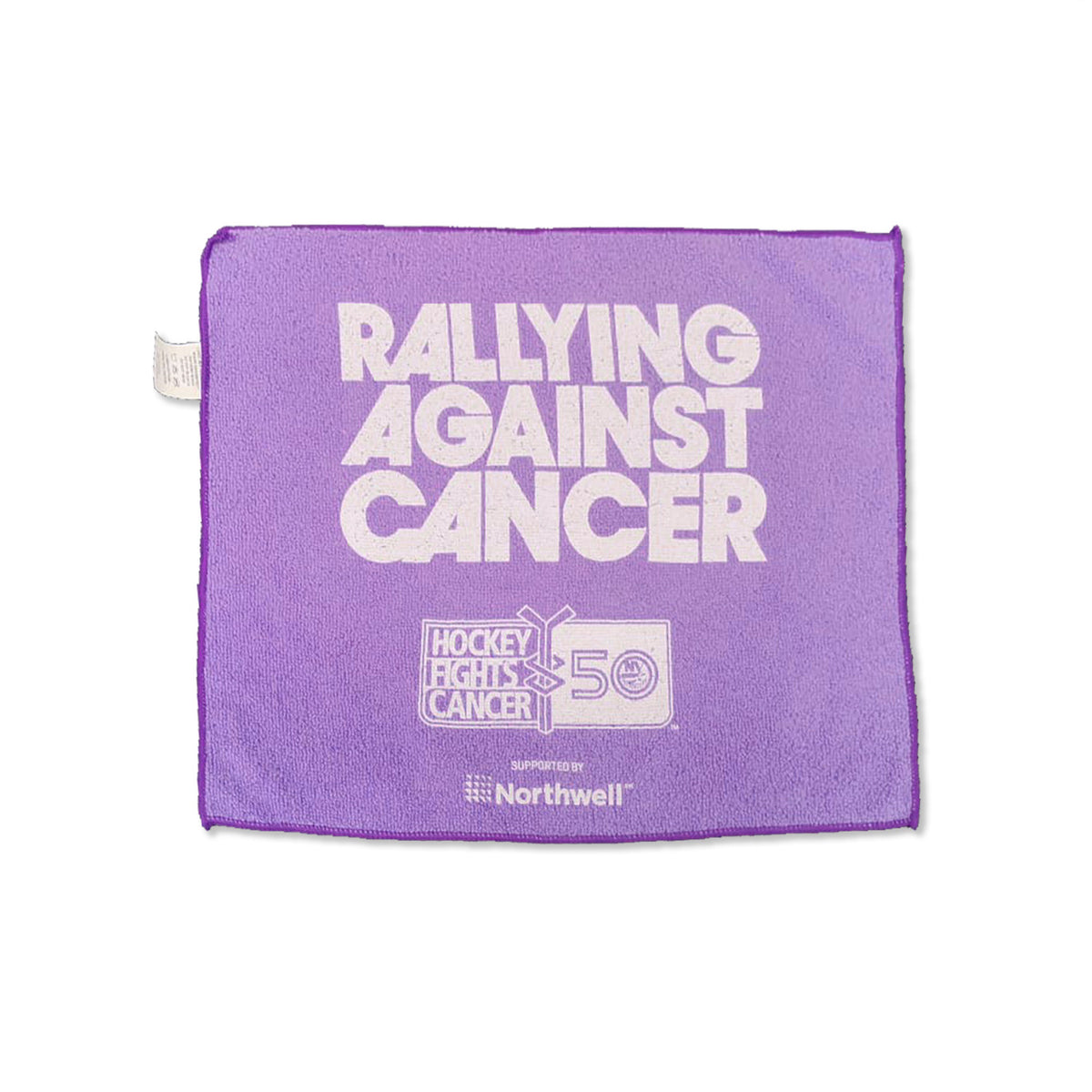 The Pro Towels Rally Towel features purple fabric with white text: "RALLYING AGAINST CANCER," "HOCKEY FIGHTS CANCER," "50," and "SUPPORTED BY Northwell"—ideal for customizable sports event towels.