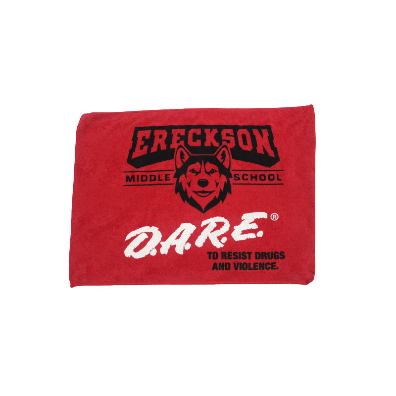 The Pro Towels Rally Towel is red and features the Erickson Middle School wolf logo, "D.A.R.E.," and the slogan "To Resist Drugs and Violence" in black and white—ideal for events or as bulk promotional items.