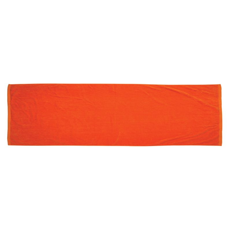 A Pro Towels Fitness Towel in orange, rectangular and custom, is shown laid flat on a white background.
