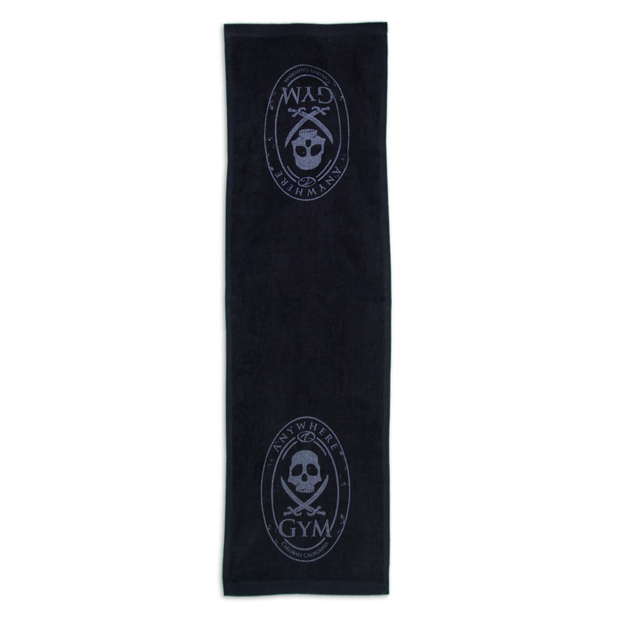 The Pro Towels Fitness Towel is a black rectangular gym towel with two skull-and-crossbones logos and ANYWHERE GYM printed in gray near each end.
