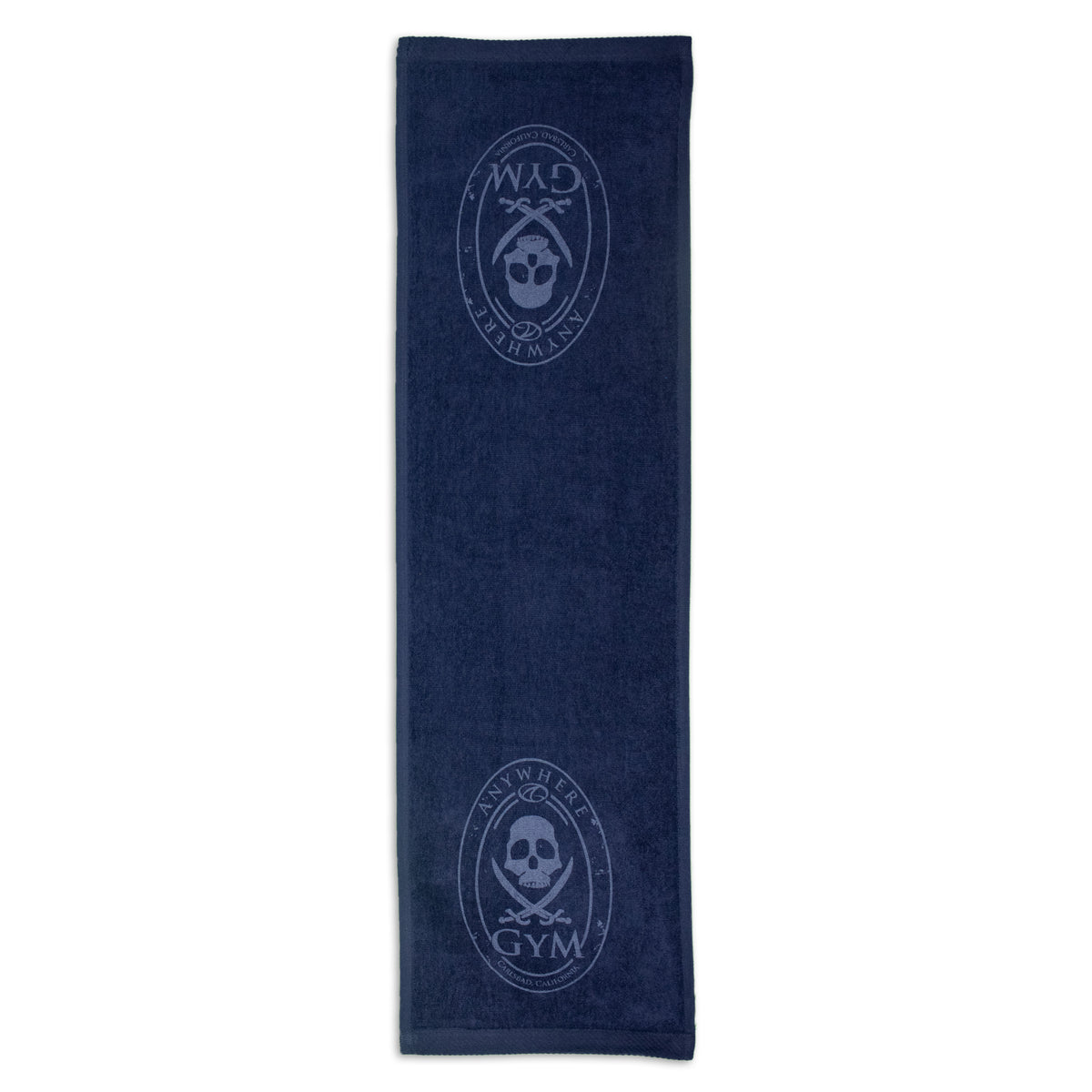The Pro Towels Fitness Towel is a rectangular navy blue gym towel with an embroidered oval emblem showing a skull and crossed bones, plus ANYWHERE GYM near both ends.
