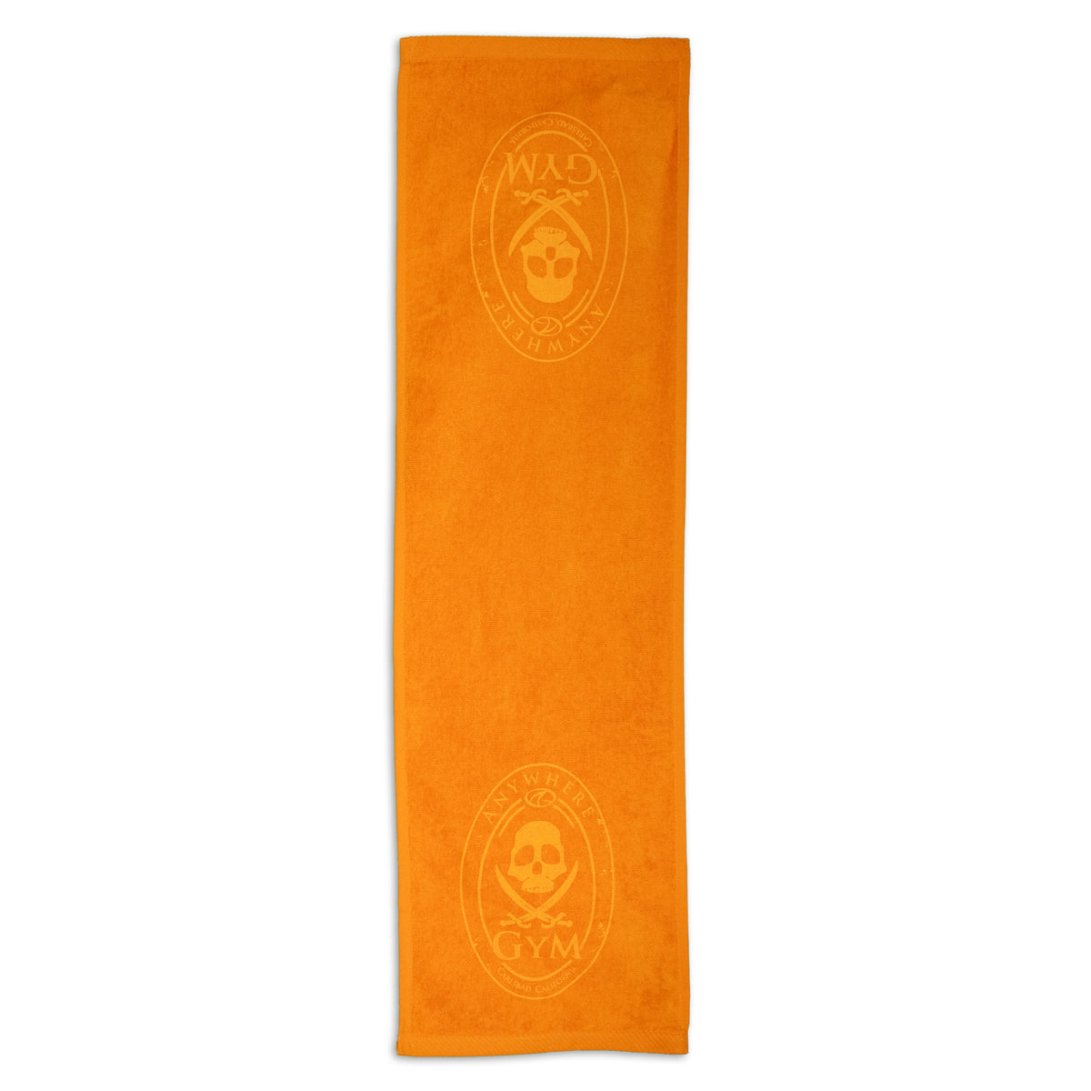 The Pro Towels Fitness Towel is orange, features an embossed skull and crossbones logo, and has GYM and WISH text on each end. The custom fitness towel comes neatly folded lengthwise.