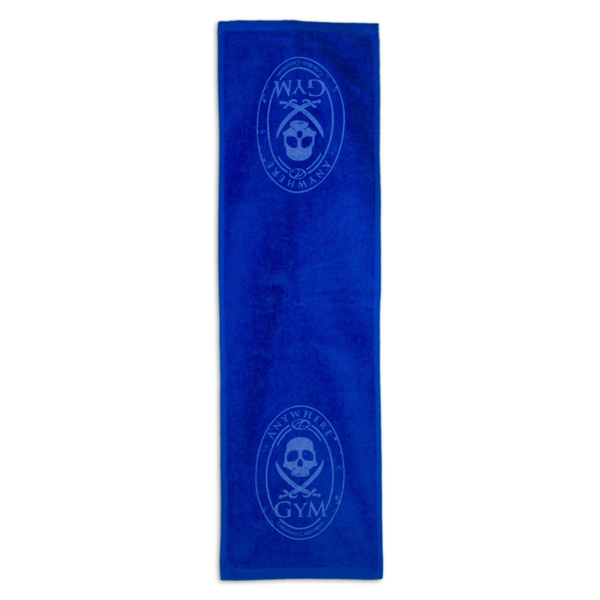 A blue Fitness Towel by Pro Towels, long and rectangular, features two skull and crossbones logos with ANYWHERE GYM printed at both ends.