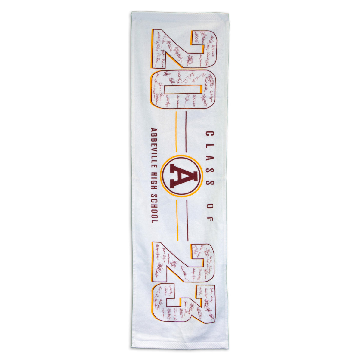 A white Pro Towels Fitness Towel featuring 2023 in bold yellow and maroon, Class of and Abbeville High School vertically, with maroon signatures—ideal inspiration for a custom gym or embroidered workout towel.