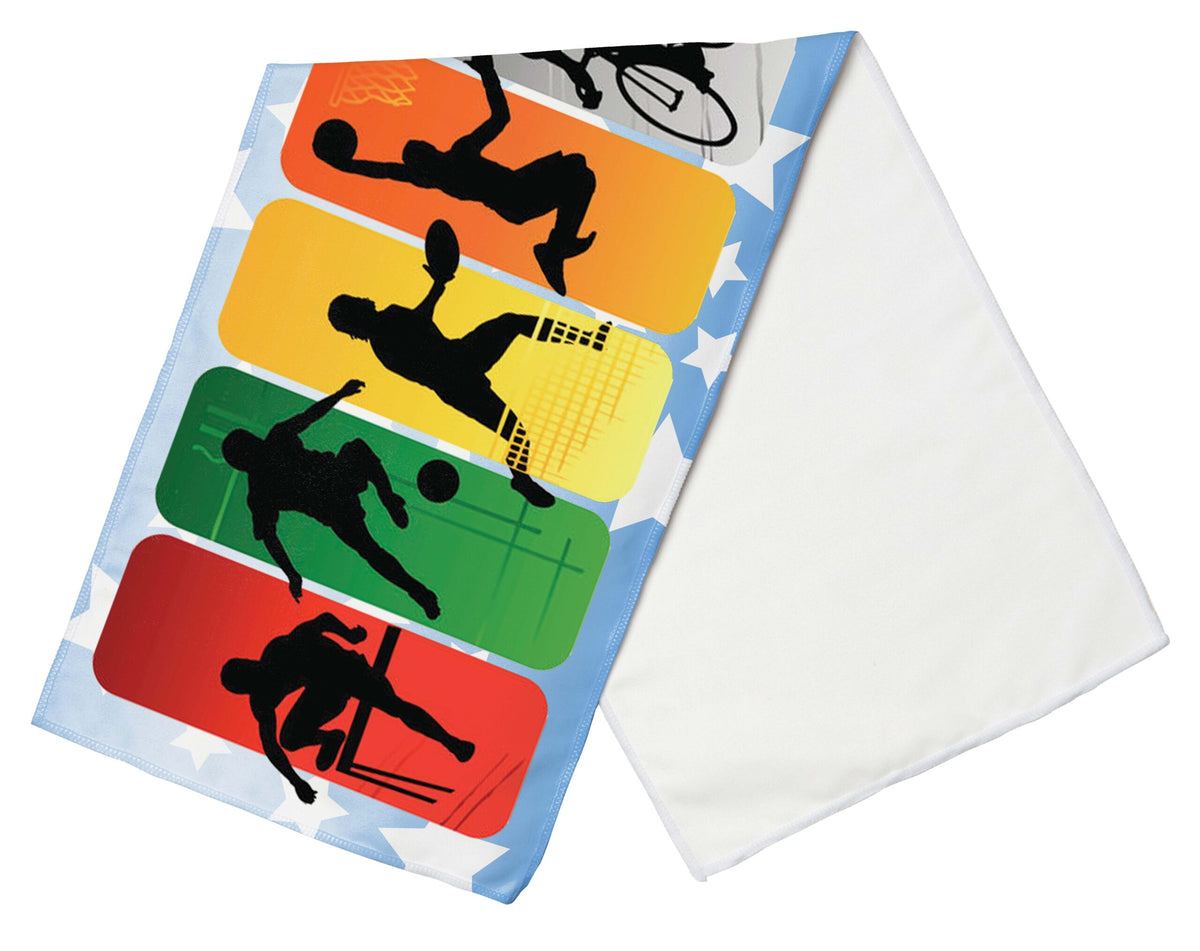 The Pro Towels Cooling Towel 30 inches features colorful panels with black silhouettes of athletes playing basketball, volleyball, soccer, and running on a starry background.