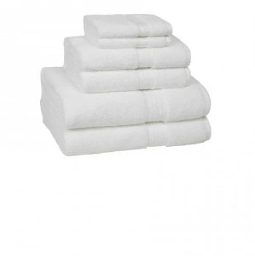 KSE’s Freedom Collection Towels—white ring-spun cotton wash cloths—are neatly stacked from largest to smallest against a plain white background.