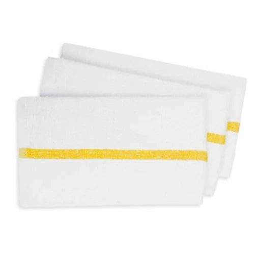 Three KSE Hand Towels - Center Stripe Towels are stacked, each with a single horizontal yellow stripe near one edge, shown against a plain white background.
