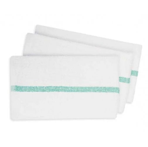 Three KSE Hand Towels - Center Stripe Towels are stacked, each with a single green center stripe—perfect for commercial use.