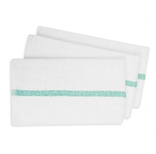 Three KSE Hand Towels - Center Stripe Towels are stacked, each white with a teal horizontal center stripe—perfect for commercial or wholesale use.