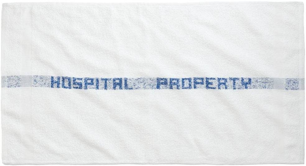 The KSE Hospital Property Towel is a white towel with "HOSPITAL PROPERTY" woven in blue, perfect for healthcare facilities or bulk hospital towel needs.