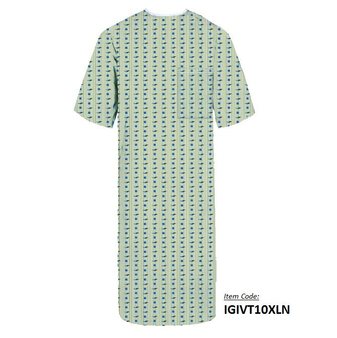 The KSE IV Gowns w/ Telemetry Pockets have short sleeves and a vertical blue-green striped pattern, shown from the back. Designed for comfort, they feature handy telemetry pockets. Item code IGIVT10XLN appears in the bottom right corner.