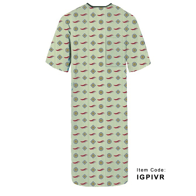 A light green KSE Polyester I.V. Gown features a blue and red geometric pattern, shown from the back. Ideal for hospitals or bulk orders. Item code IGPIVR appears in black text in the lower right corner.