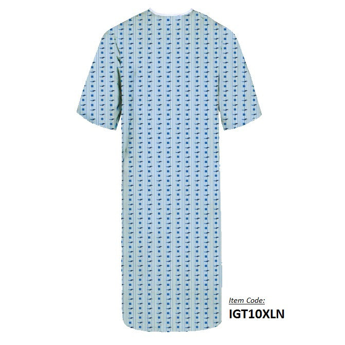 The KSE Twill Patient Gowns have short sleeves and a light blue color with a small blue and green pattern. Shown from the back, ideal for bulk orders. Item code “IGT10XLN” appears in the bottom right corner.