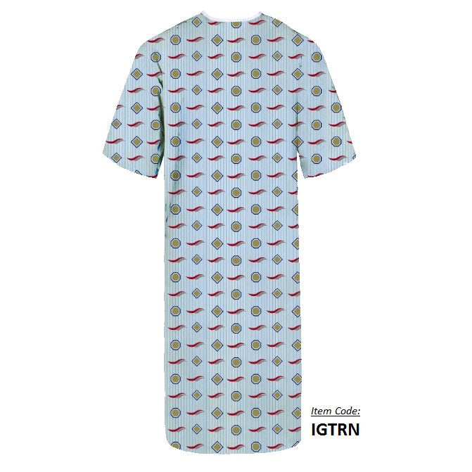 KSE Twill Patient Gowns feature light blue fabric with a red, yellow, and green geometric pattern and short sleeves. Ideal for bulk orders. The item code IGTRN appears in the bottom right corner.