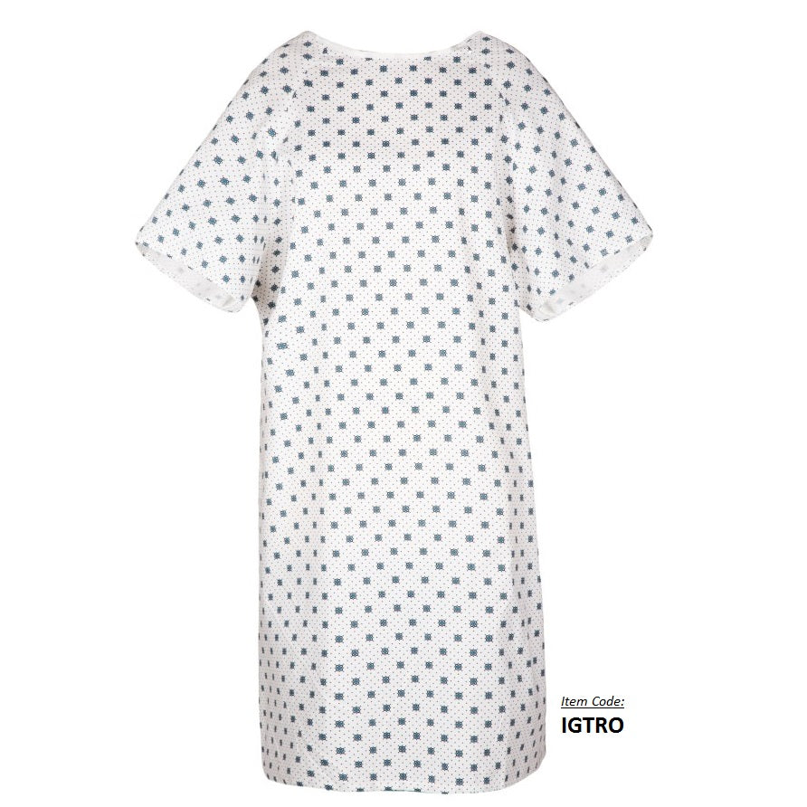 The KSE Twill Patient Gown is white with short sleeves and a small blue cross pattern. Ideal for hospitals needing quality gowns. Item code: IGTRO appears in the lower right corner.