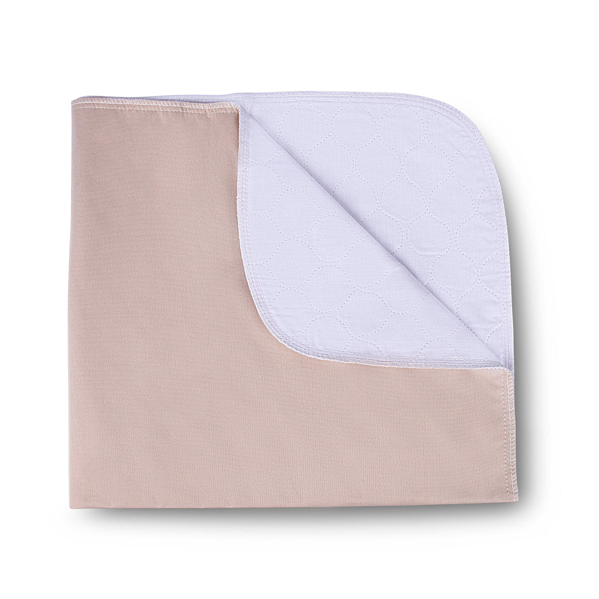 The KSE Twill Underpads - 10 oz. (34 x 36) are waterproof, beige reusable pads with stitched edges and a white quilted underside, shown folded on a white background—ideal for incontinence protection.