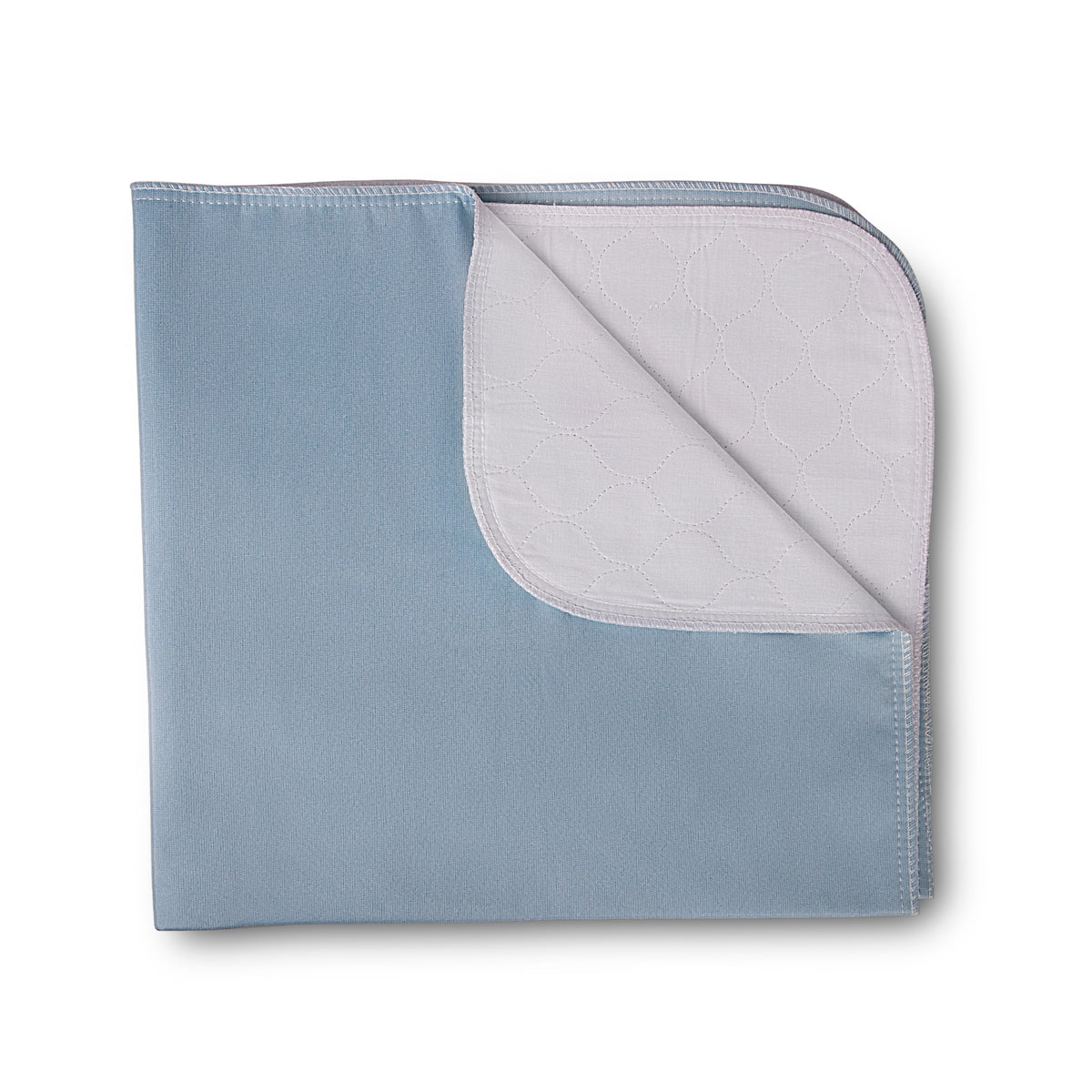 The KSE Twill Underpads - 10 oz. (34 x 36) features a folded blue and white reusable design with layered fabric and a stitched white side—providing comfort and protection for effective incontinence care.
