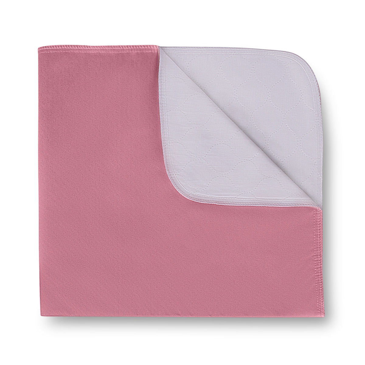 The KSE Twill Underpads - 10 oz. (34 x 36) is a square pink quilted reusable pad with finished edges and soft texture, shown with a corner folded to display its light gray underside, photographed on a white background.