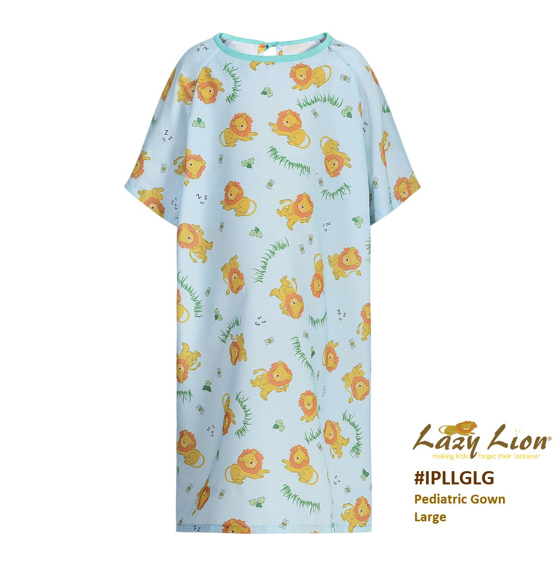 Light blue KSE Lazy Lion Pediatric Gowns in large size feature playful yellow lions and green grass, short sleeves, and branded corner—perfect for bulk wholesale pediatric orders. Flame retardant fabric ensures added safety.