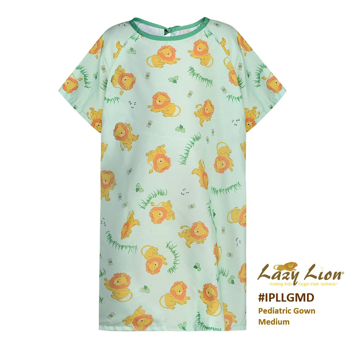 A light green KSE Lazy Lion Pediatric Gown, size medium, features a playful lion and grass design. Flame-retardant and displayed flat, it’s perfect for bulk pediatric gown orders.