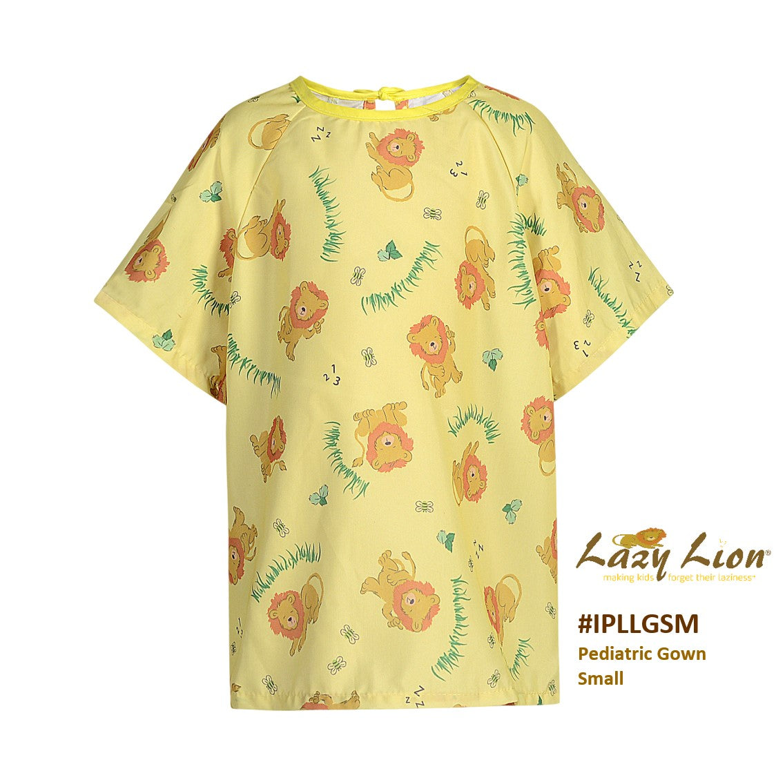 A yellow, flame retardant KSE Lazy Lion Pediatric Gown (Small) features short sleeves and playful lion and butterfly designs. Logo and SKU (#IPLLGSM) appear bottom right. Perfect for bulk wholesale orders.