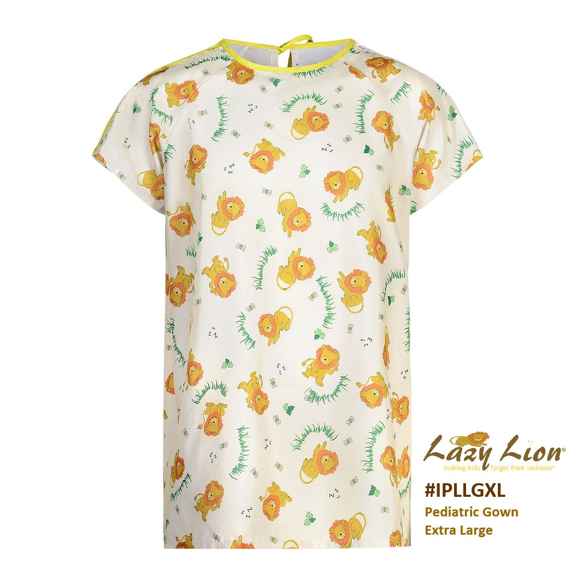KSE’s Lazy Lion Pediatric PJ Pants in extra large feature a playful lion print with green grass on white and a yellow trim—cheerful, comfy hospital wear perfect for kids.