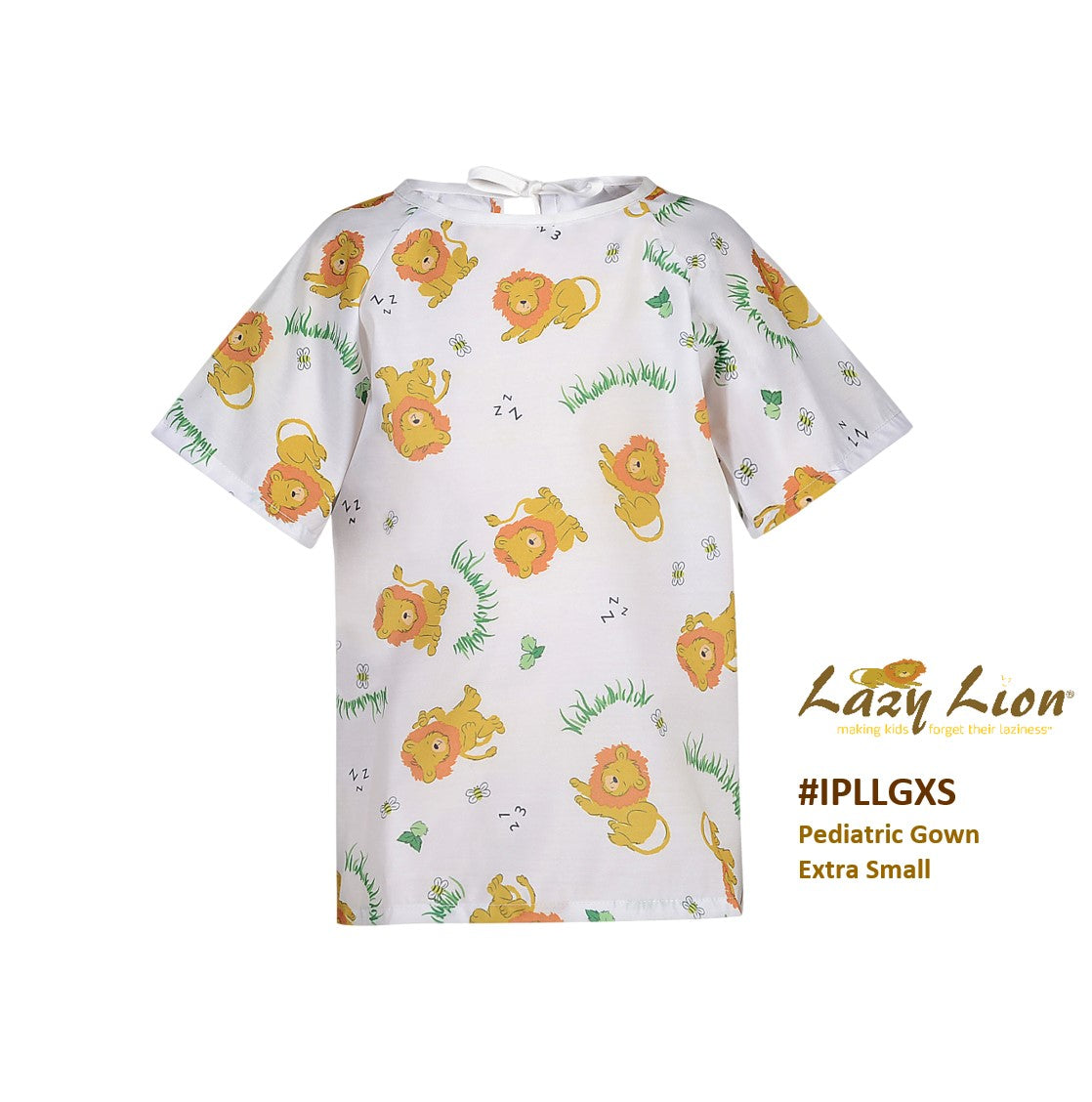 KSE Lazy Lion Pediatric IV Gowns are extra small, flame retardant hospital gowns with short sleeves, playful yellow lion print, and green accents. Ideal for pediatric use. Product code: IPLLGXS.