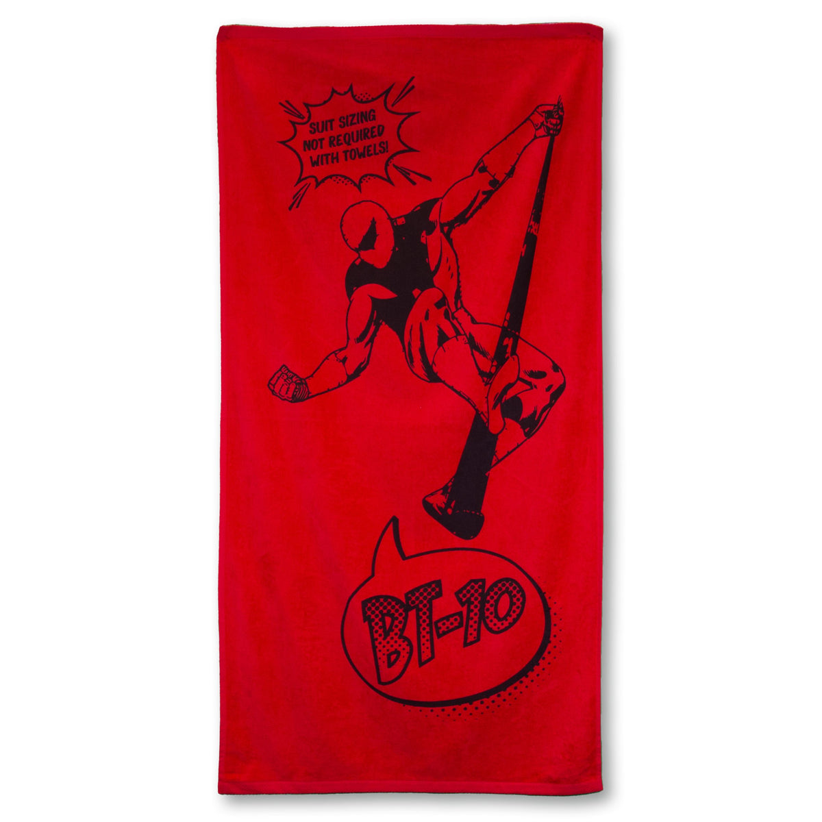 The Pro Towels Beach Towel - Jewel Collection in red features a black comic-style superhero with a speech bubble: Suit sizing not required with towels! and BT-10 below. Ideal for custom embroidery or wholesale orders.