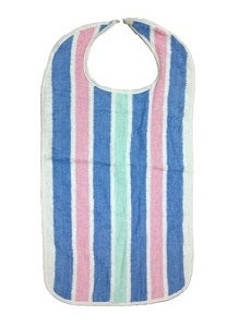 The KSE Premium Adult Terry Bib features blue, pink, green, and white vertical stripes, a rounded neckline, and a self-tie closure. Perfect for those seeking adult clothing protectors in bulk wholesale quantities.