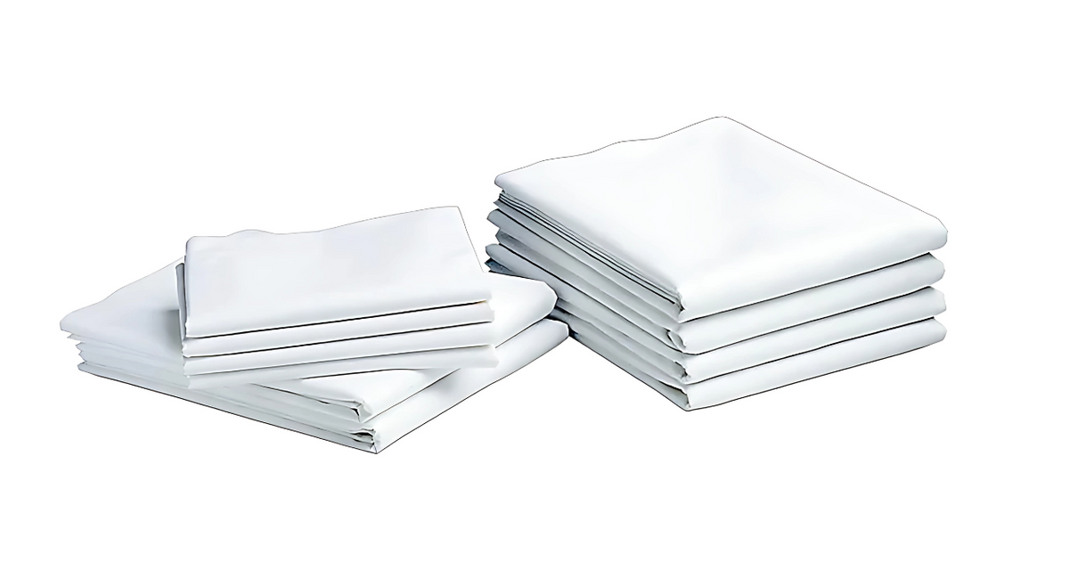 Two stacks of KSE Flat Sheets - Economy T130 (Twin/Full) are neatly folded on a white background, ideal for those needing budget-friendly bulk bedding.