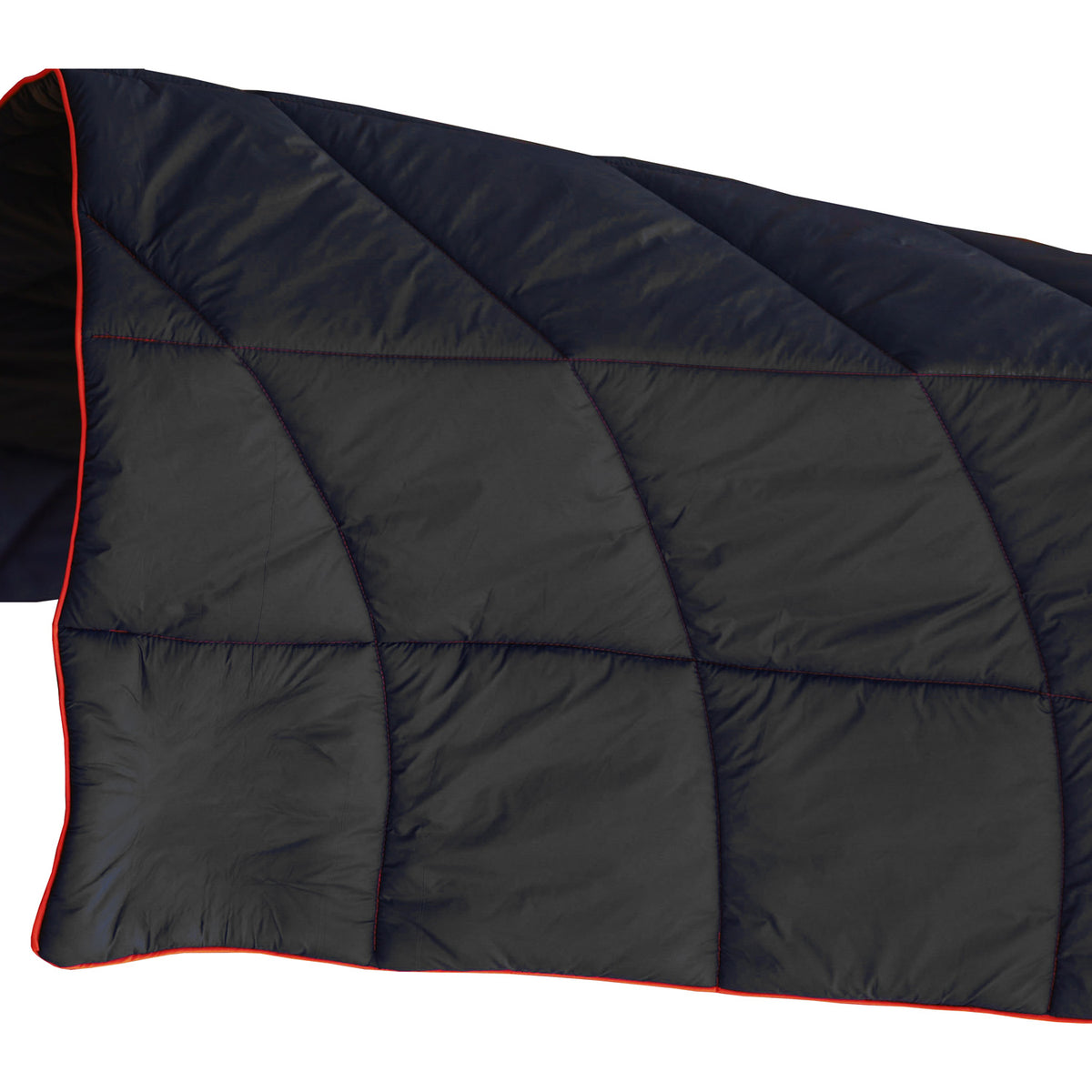 A close-up of the Pro Towels Lofthouse Camping Blanket shows black quilted fabric with visible stitching and a thin, bright red trim outlining the edges.