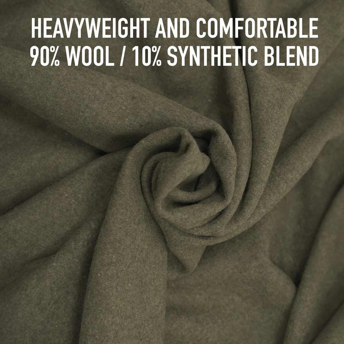 A close-up of heavyweight, olive-green fabric with a swirl in the center. Overlaid text reads: Wool Blankets - European Surplus Style—heavyweight, comfortable 90% wool/10% synthetic; inspired by classic military surplus.