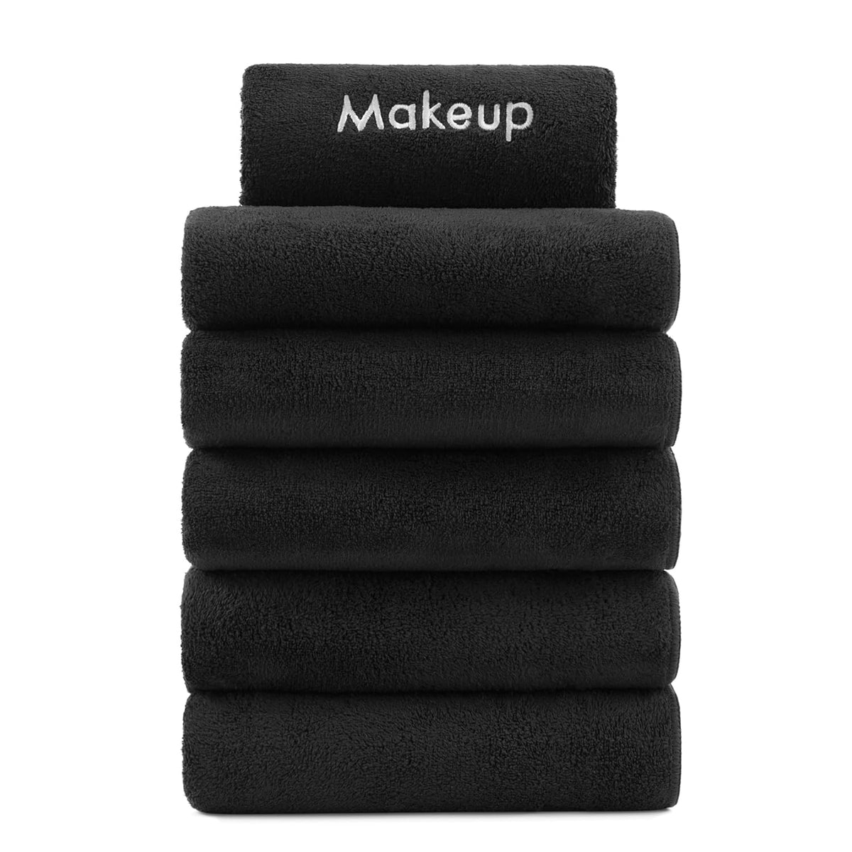 A set of six Ganesh Mills Washcloths—black towels with "Makeup" embroidered in white—ideal for makeup removal or as hotel washcloths.