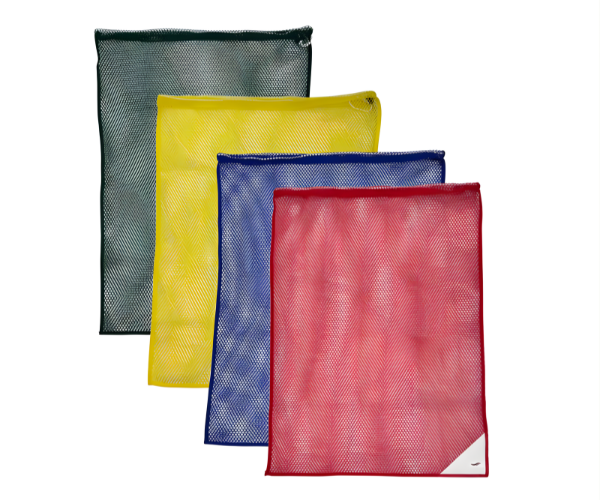 Four KSE Heavy Duty Mesh Laundry Bags with drawcord & ID tag, in green, yellow, blue, and red, are stacked slightly overlapping on a white background. Each features durable mesh construction and a small white ID tag in the corner.