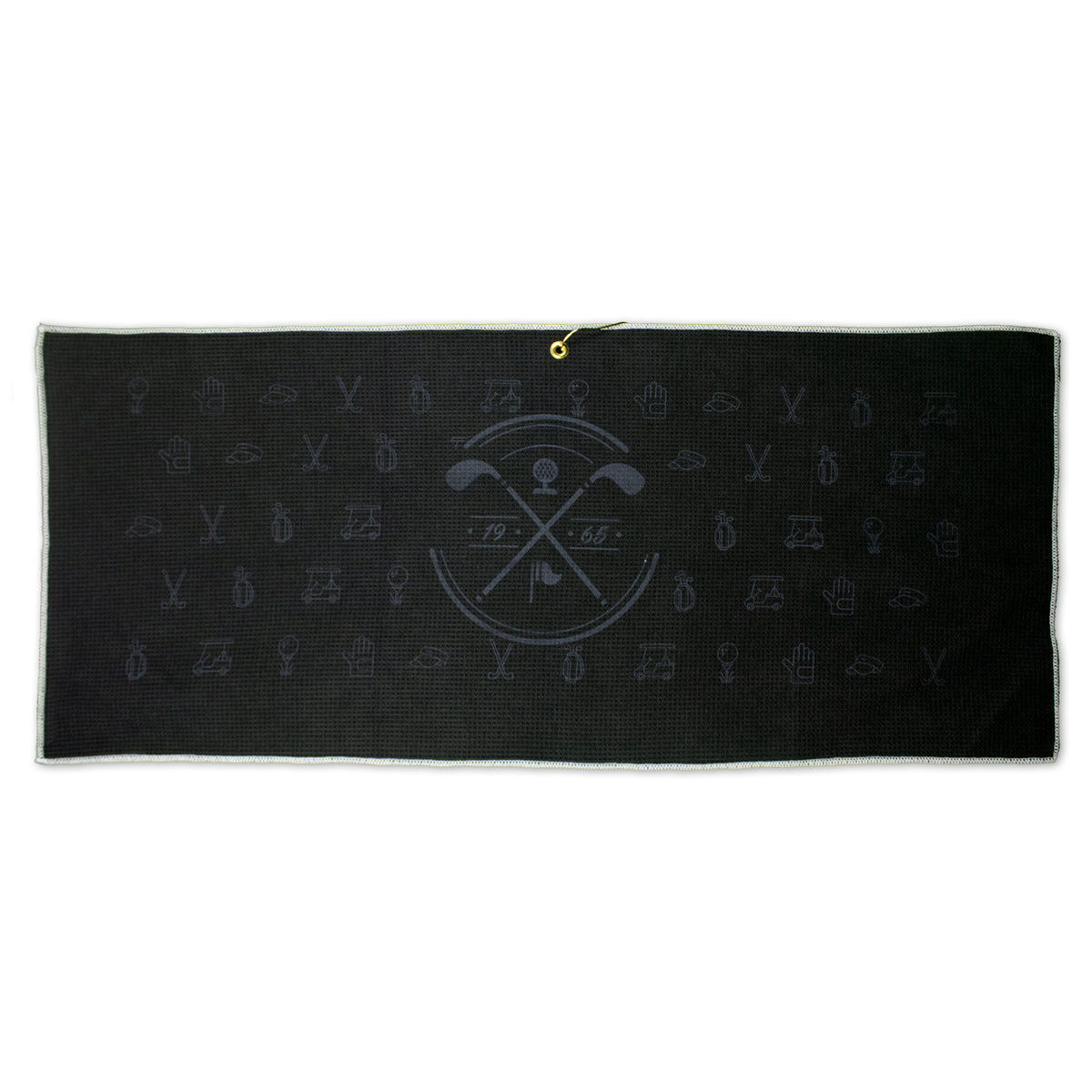 The Pro Towels Microfiber Waffle Caddy Towel is rectangular and black with a subtle light blue golf icon pattern, a large crossed-club logo featuring "19.65" at the center, and a small grommet near the edge.