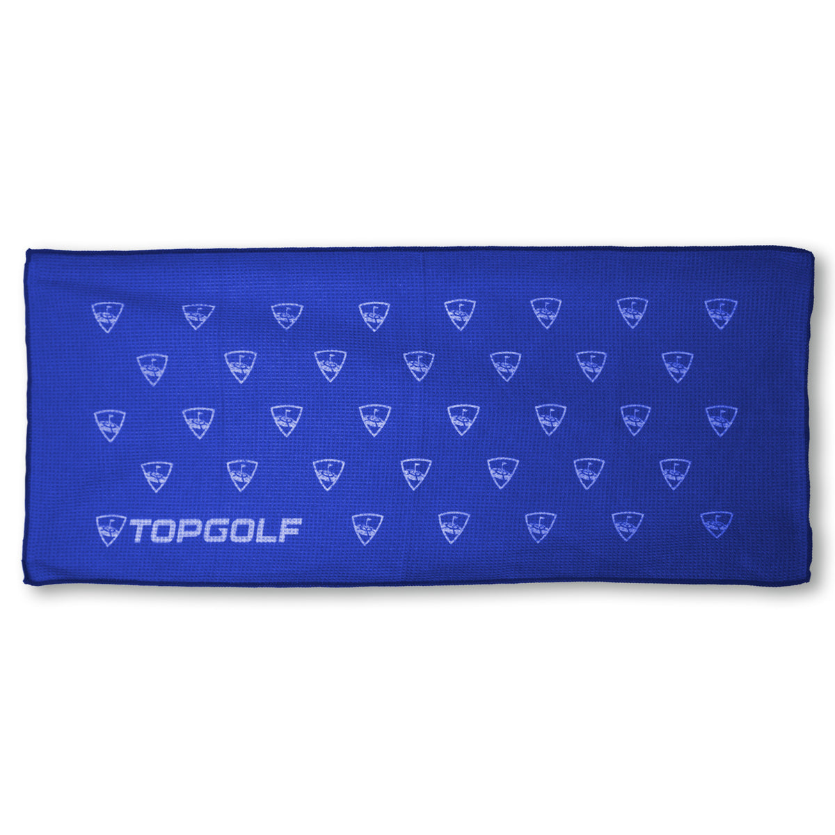 The Pro Towels Microfiber Waffle Caddy Towel is a blue rectangular golf towel with repeating white Topgolf logos and "TOPGOLF" in bold white letters at the bottom left, ideal for keeping your gear clean on the course.