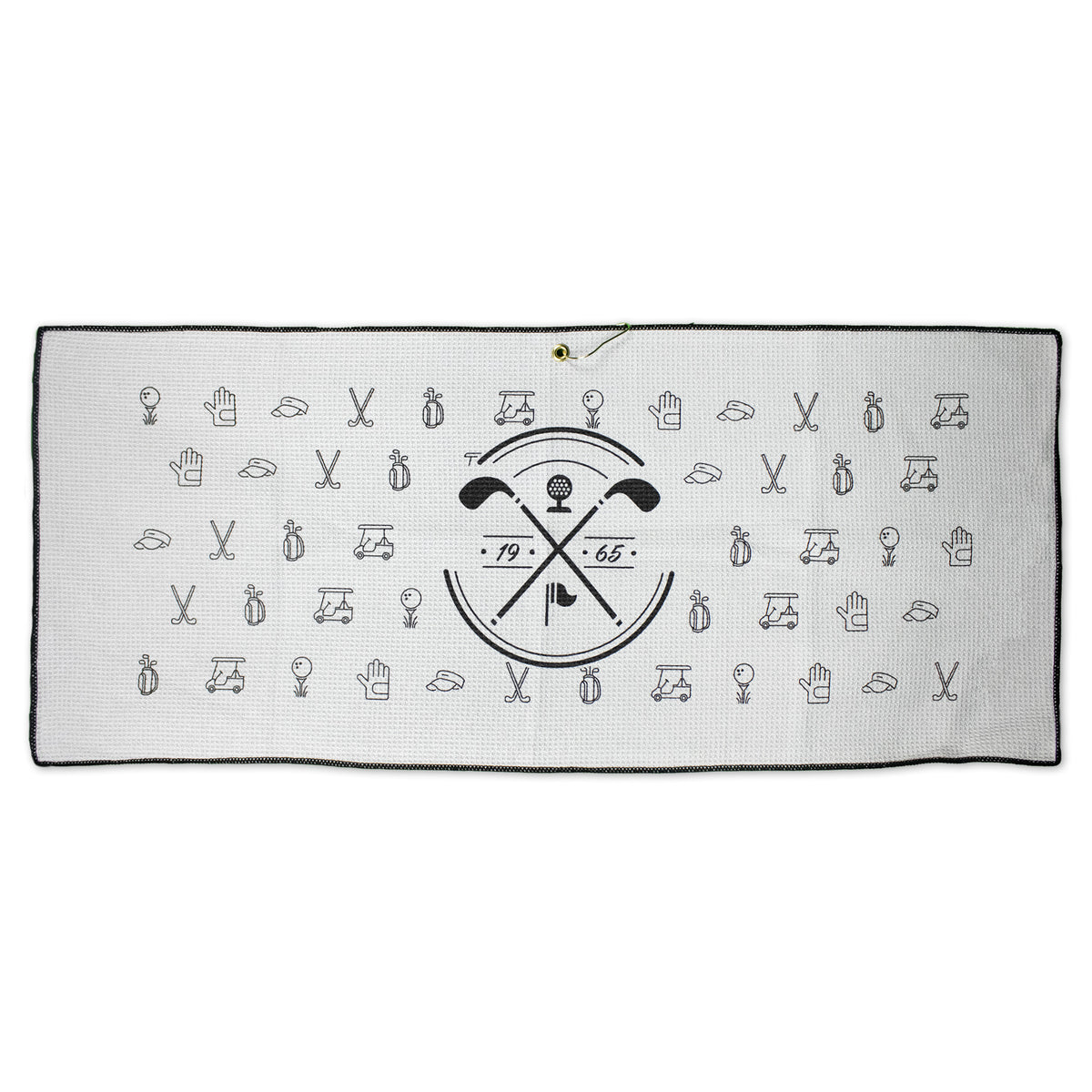 The Pro Towels Microfiber Waffle Caddy Towel is a white rectangular towel with a black border, featuring golf-themed prints, a large crossed club design with "1965," and a top grommet—ideal as a custom golf gear towel.
