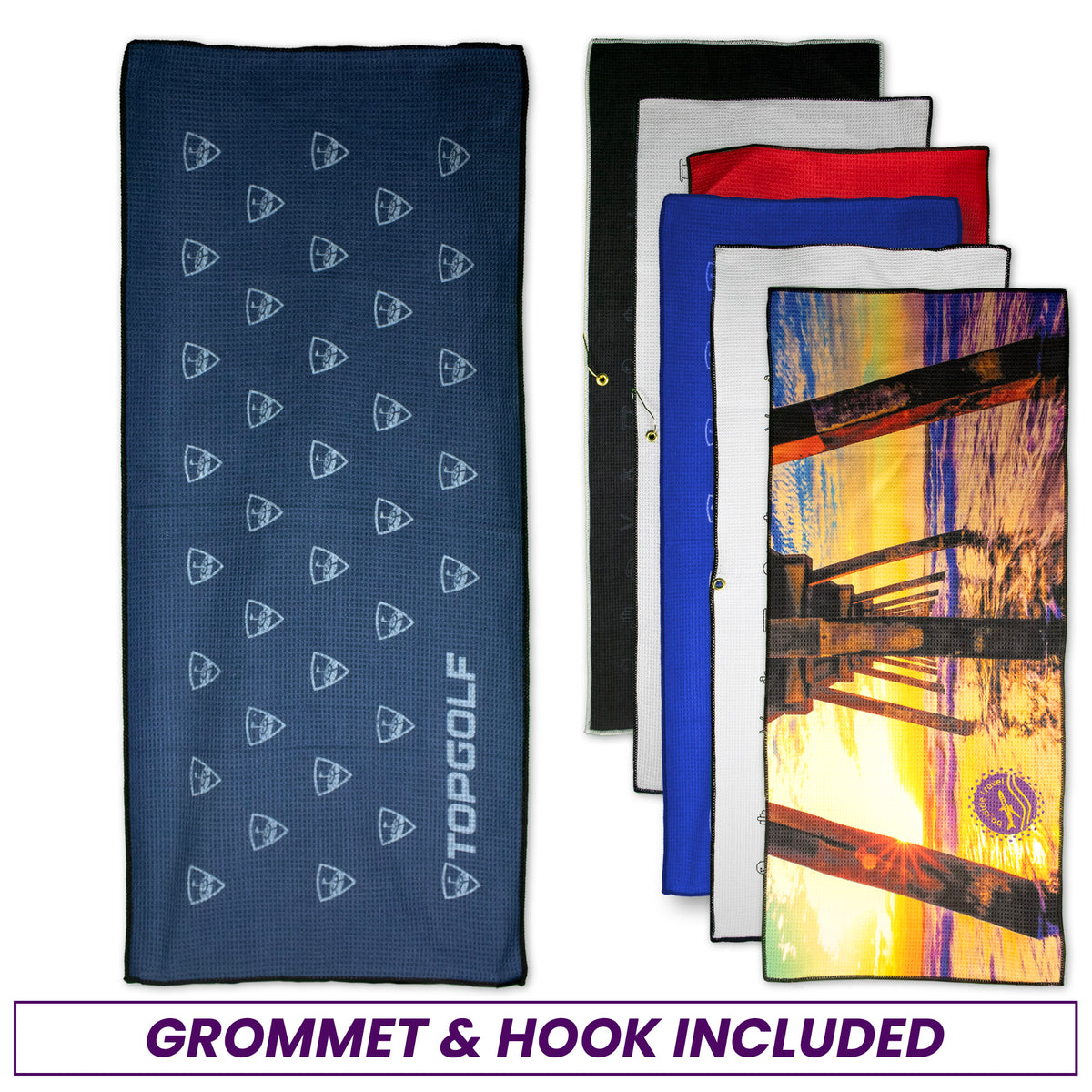 The Pro Towels Microfiber Waffle Caddy Towel set includes six custom towels in assorted colors and designs, such as a printed pier scene and navy Topgolf logo, with grommet & hook for easy attachment and microfiber options.