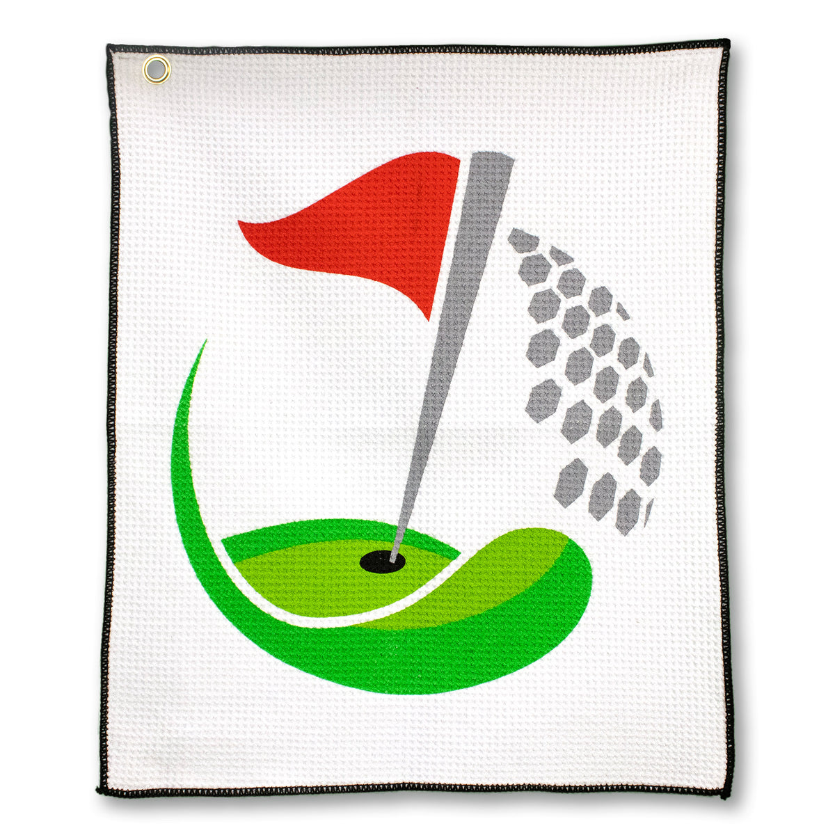 The Pro Towels Microfiber Waffle Small Golf Towel is a white towel featuring a stylized golf hole with a red flag, green putting surface, gray flagpole, and gray hexagon shapes resembling a golf ball in motion.