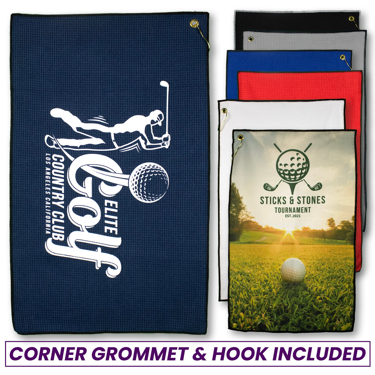 A collection of microfiber golf towels in various colors, featuring a common design with a golf ball and the text 'Sticks & Stones Tournament'. Each towel has a brass corner grommet and hook for hanging.