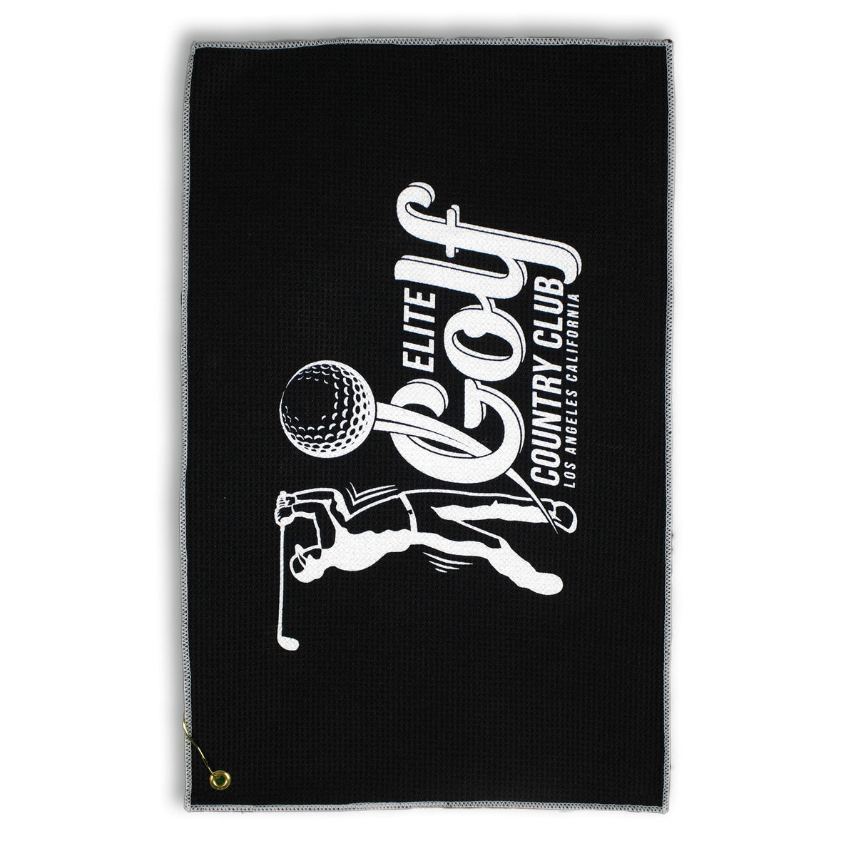 The Pro Towels Microfiber Waffle Golf Towel in black features a white golfer swinging, a golf ball, and Elite Golf Country Club Los Angeles, California, plus a metal grommet at the bottom left—ideal for wholesale golf towel orders.