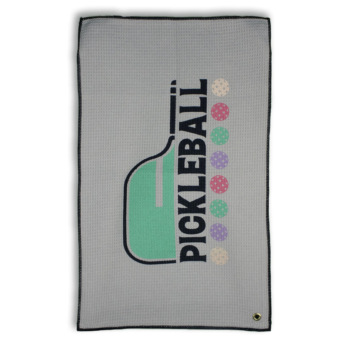 The Pro Towels Microfiber Waffle Golf Towel in gray features a green pickleball paddle, six colorful pickleballs, and PICKLEBALL in bold black across the paddle—a standout accessory for enthusiasts.